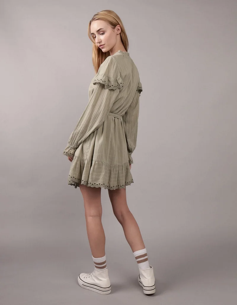 American Eagle AE Long-Sleeve Button-Up Ruffle Mini Dress